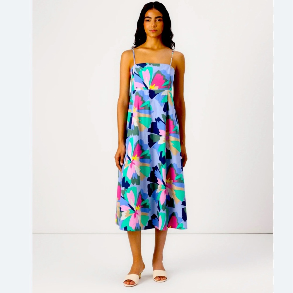 $80 GAP Poplin Blue Floral Print Squareneck MIDI DRESS Size M 8 10